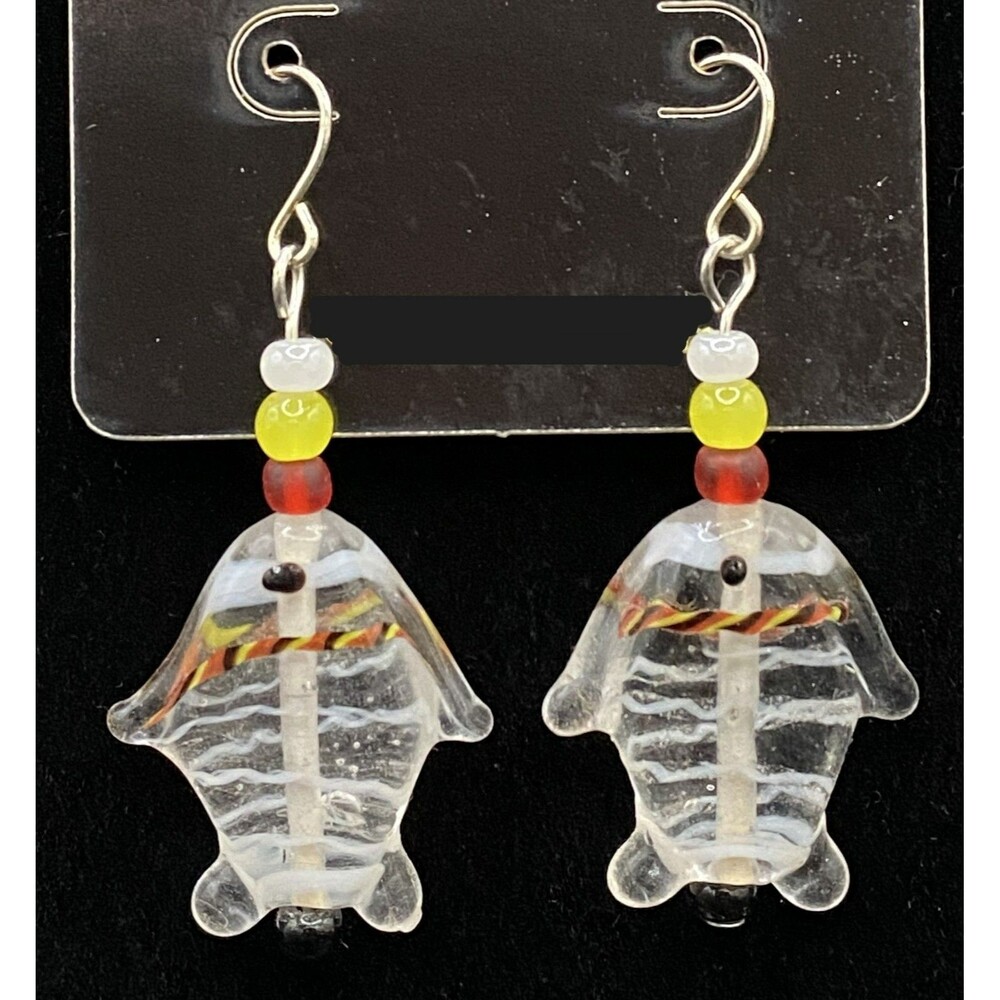 Handmade Glass Fish with Red & Yellow White Glass Bead Earrings by Neanie-Bot